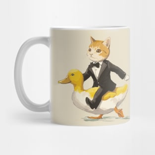 Funny Tuxedo Cat Riding Funny Duck Going To Party Mug